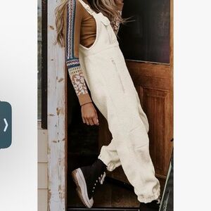 Woman’s Warm Winter Fleece Overalls Small Light Beige cream soft adjustable